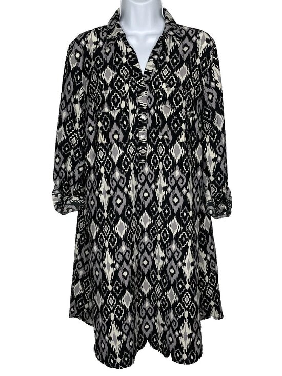 Roper Dresses & Skirts - Roper Ikat Western Shirt Dress Size M Black Gray Southwestern Aztec Roll Tab
